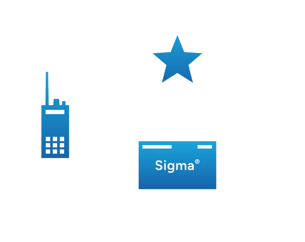 Handheld radio connected to US Army Logo and Laptop with Sigma