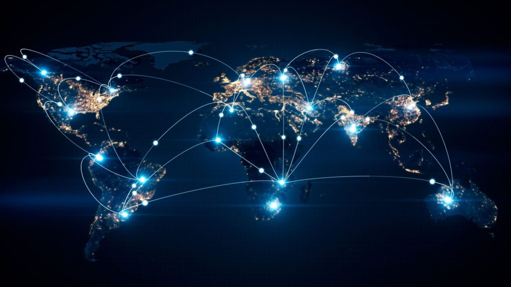 Globe with major cities connected by network