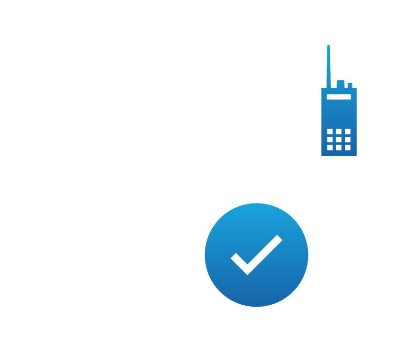 Legal scale icon connected to a handheld radio and a checkmark