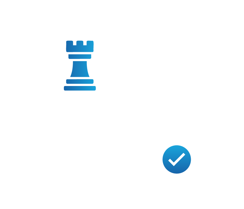 Network icon with nodes connected to a server icon with a rook chess piece and a checkmark