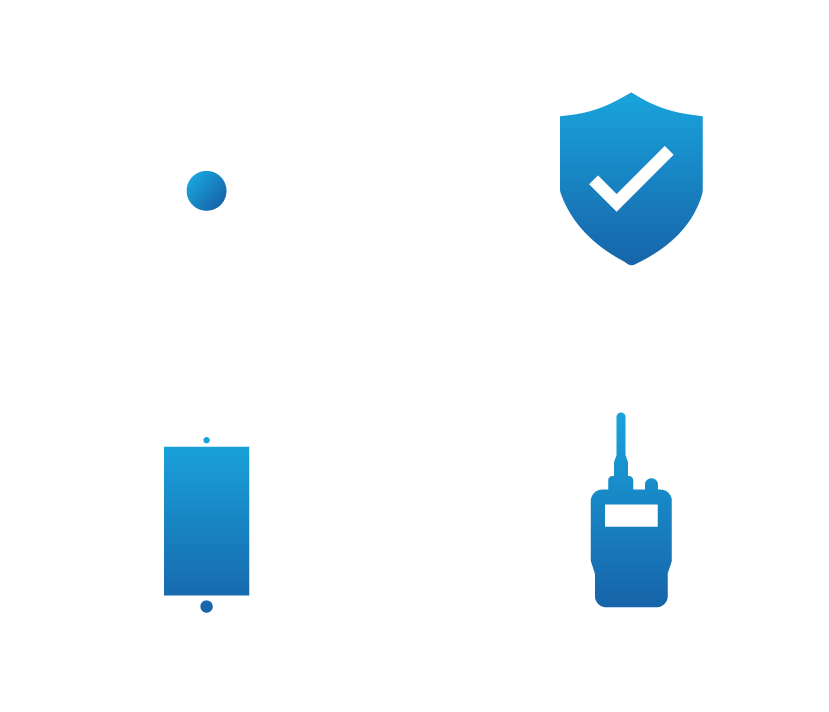 satellite, cellphone, radio, shield with checkmark