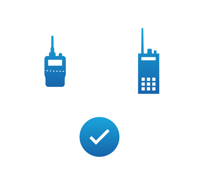 Handheld radio connected to a handheld radio and a checkmark