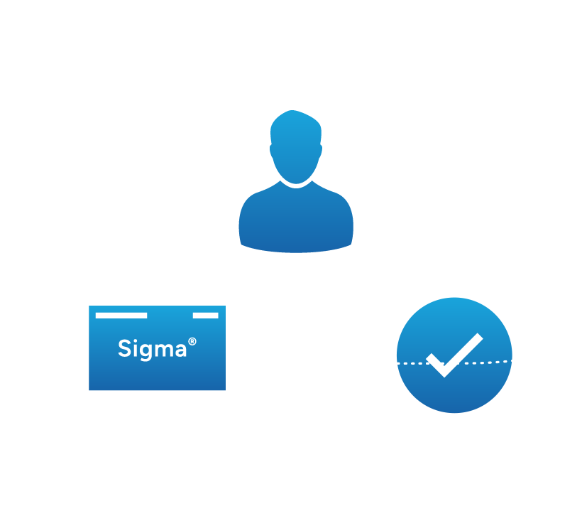 person working on computer, laptop with sigma and checkmark