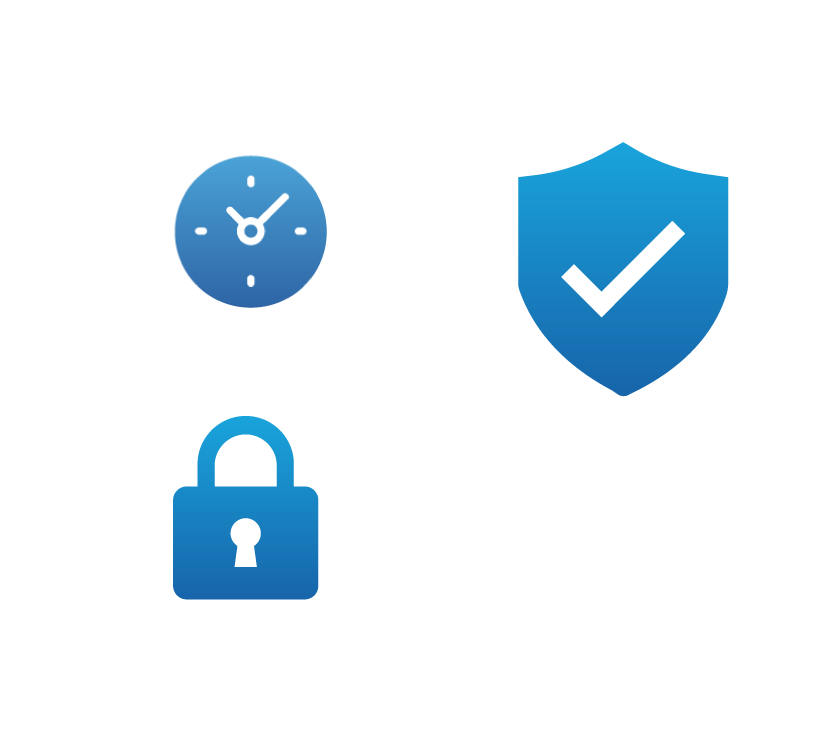 Stopwatch, shield with checkmark, padlock