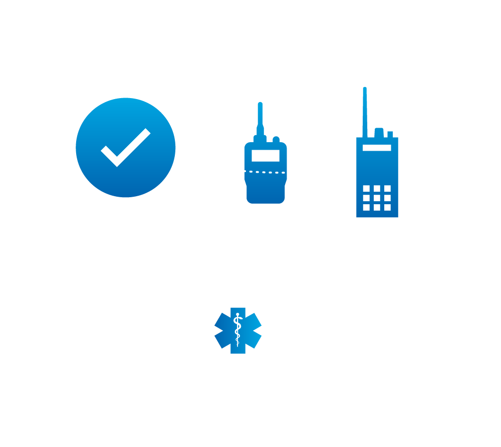 EMS vehicle, check mark, radios connected icons